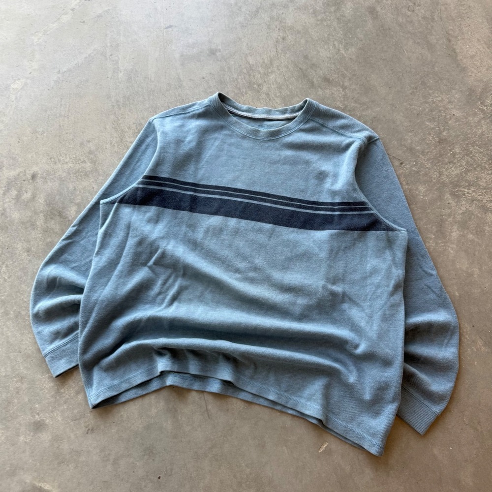Faded Glory Mens XL Blue Waffle Knit Thermal Long Sleeve Chest Stripe Shirt